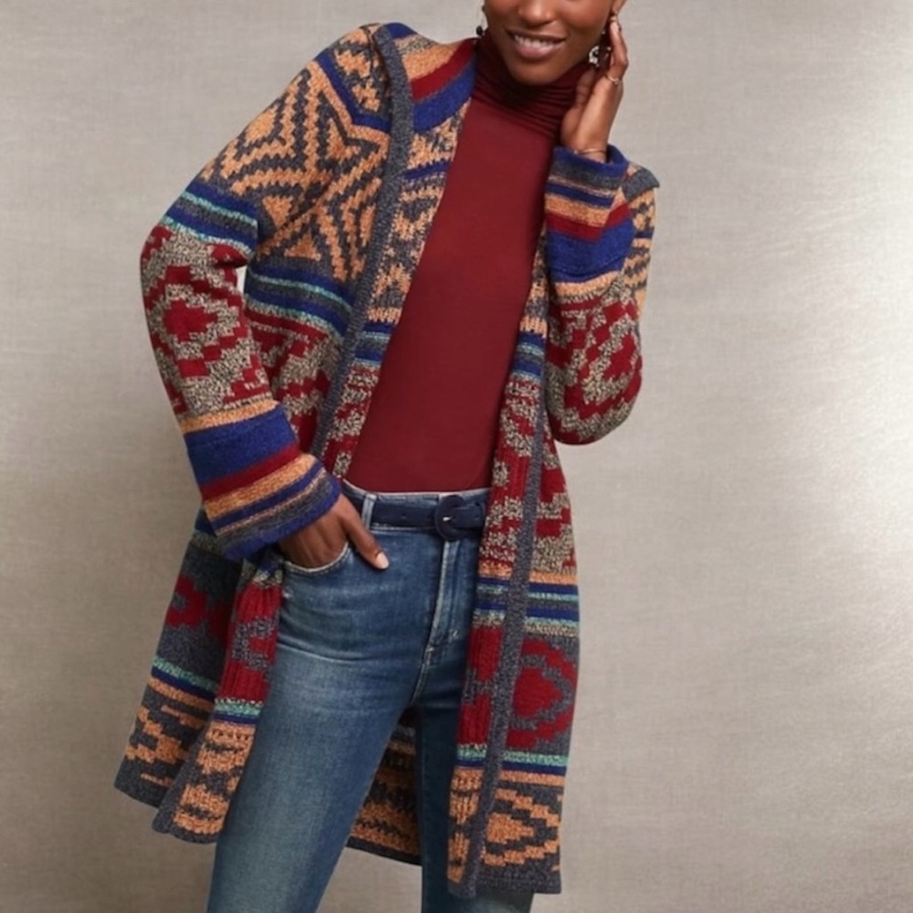 Spense Southwest Artist Style Red Blue Long Sleeve Open Cardigan / Duster M